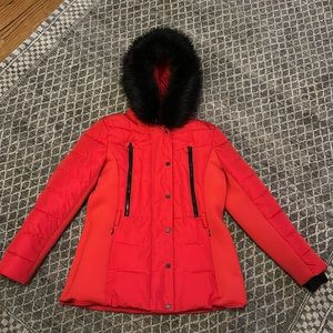 Michael Kors red coat with removeable black fur L (missing black belt)